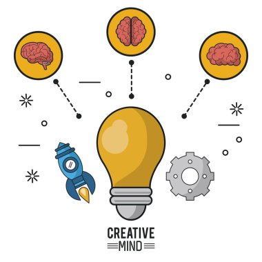 yaratıcı zihin closeup bonusun ve beyin daireler ve roket ve pinyon simgeleri ile renkli poster