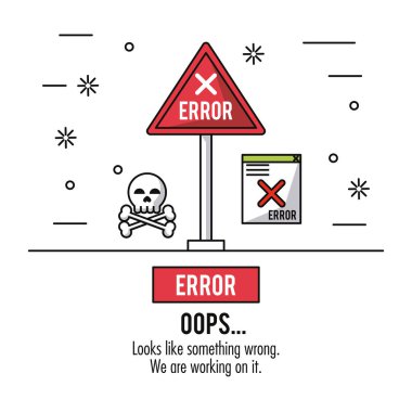 Beyaz arka plan ile kırmızı üçgen yol işareti hata ve kafatası ve kemikler ve pencere ileti hatası