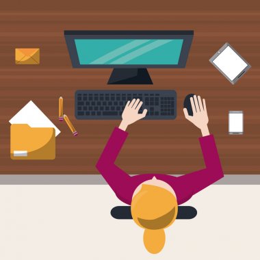 renkli arka plan üzerinde kadın üstten görünüm içinde bilgisayar çalışma masası