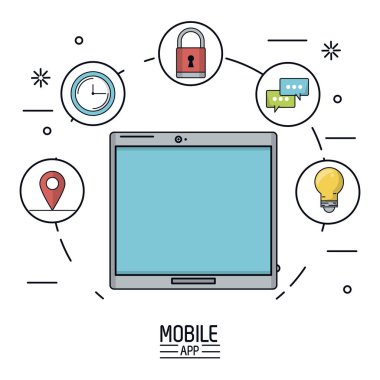 Beyaz arka plan afiş daha fazla kullanım bir daire oluşturan tablet cihaz ve simgeler uygulaması ile mobil App