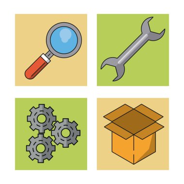 Büyüteç ve anahtarı ve Pinyonlar ve kutusu simgeleri ile renkli çerçeveler ile beyaz arka plan