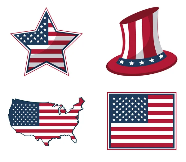 Beyaz arka plan şekli yıldız ve şapka ve harita Amerika Birleşik Devletleri bayrağı ile — Stok Vektör