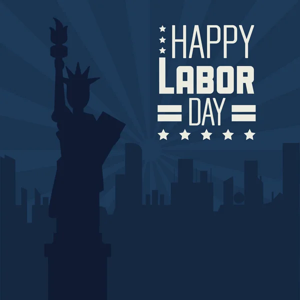 Colorful poster of happy labor day with dark blue background of statue of liberty and city — Stock Vector