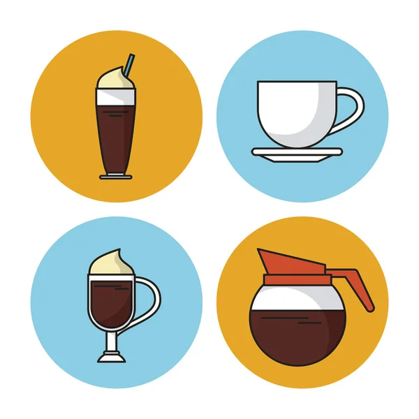 Fundo branco com quadros circulares coloridos com ícones de diferentes bebidas com café — Vetor de Stock