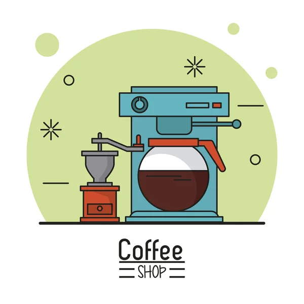 Buntes Poster des Cafés mit Kaffeemaschine und Mühle — Stockvektor