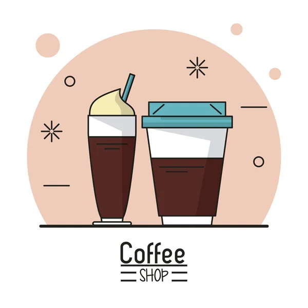 일회용 커피 컵과 카푸치노 컵 커피가 게의 화려한 포스터 — 스톡 벡터