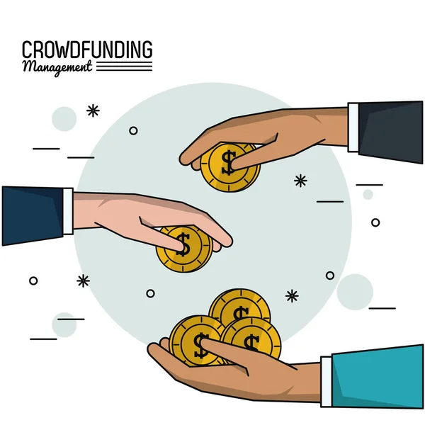 Affiche colorée de la gestion du financement participatif avec les mains avec de l'argent — Image vectorielle