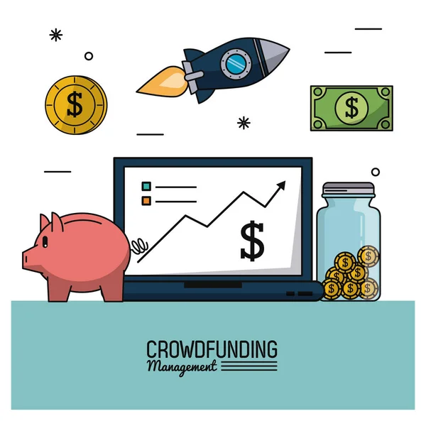 Kleurrijke affiche van menigte financiering beheer met laptopcomputer en moneybox in close-up en pictogrammen — Stockvector