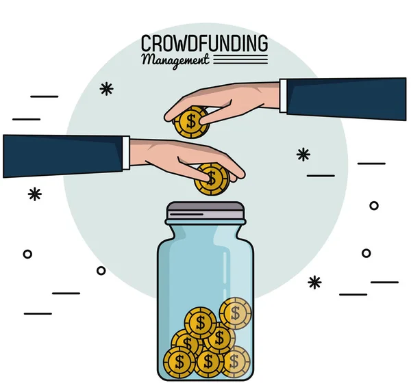 Affiche colorée de la gestion du financement participatif avec des mains économiser de l'argent dans un bocal en verre — Image vectorielle