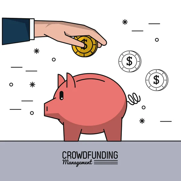 Cartaz colorido de gestão de financiamento de multidões com mãos economizando dinheiro em caixa de dinheiro em forma de porco — Vetor de Stock