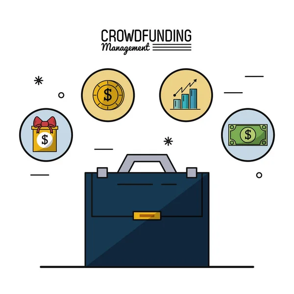 Buntes Poster des Crowdfunding-Managements mit Aktentasche und Icons an der Spitze — Stockvektor