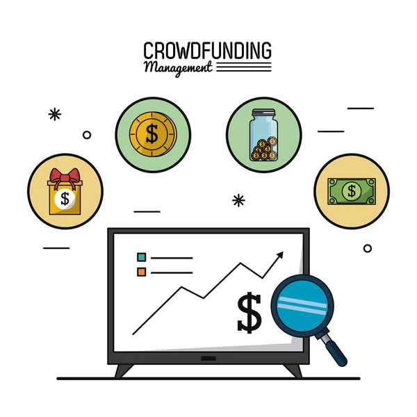 Affiche colorée de la gestion du financement participatif avec télévision à écran avec des graphiques de croissance économique et des icônes sur le dessus — Image vectorielle