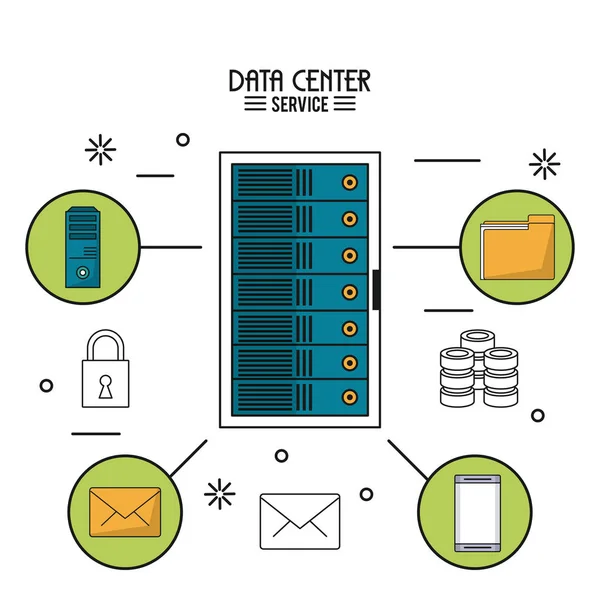 Πολύχρωμη ατμοσφαιρική αφίσα της υπηρεσίας του κέντρου δεδομένων με διακομιστή rack και εικονίδια γύρω από — Διανυσματικό Αρχείο