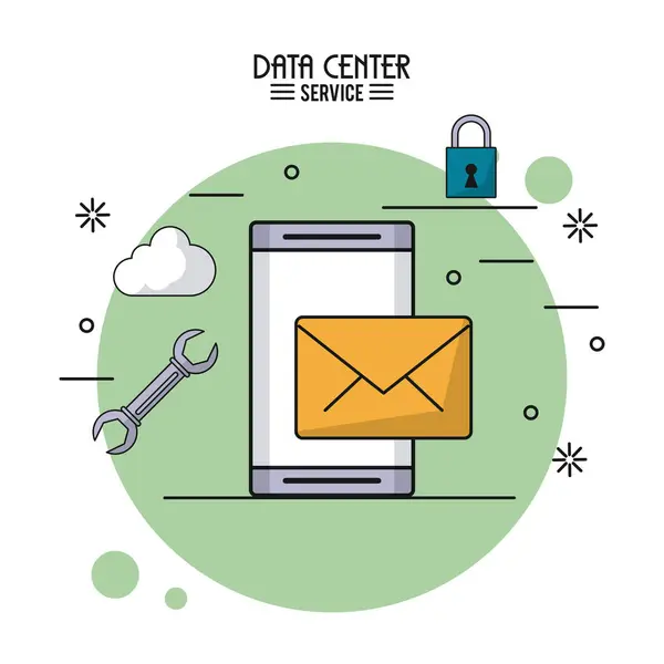 데이터의 화려한 포스터 주위 보안 아이콘 및 도구 및 메일, 스마트폰 서비스 센터 — 스톡 벡터