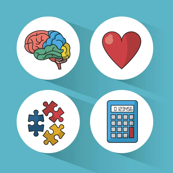 Fundo azul com esferas coloridas com ícones de cérebro e coração e peças de quebra-cabeça e calculadora — Vetor de Stock