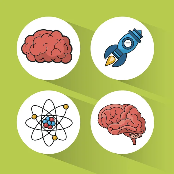 Fundo verde com esferas coloridas com ícones de cérebro e átomo e foguete — Vetor de Stock