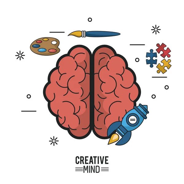 Cartel colorido de la mente creativa con vista superior del cerebro de sus dos hemisferios e iconos alrededor — Vector de stock