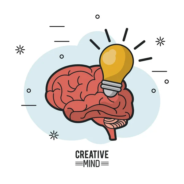 Cartel colorido de la mente creativa con cerebro y bombilla — Vector de stock