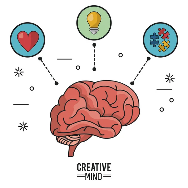 Cartaz colorido da mente criativa com cérebro e ícones de coração e lâmpada e peças de quebra-cabeça —  Vetores de Stock