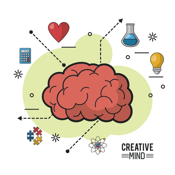 Cartaz colorido da mente criativa com massa encefalítica e ícones ao redor —  Vetores de Stock