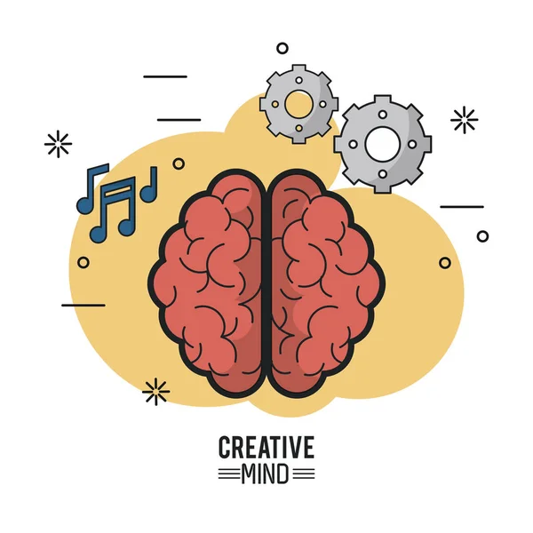 Cartel colorido de la mente creativa con la vista superior del cerebro de sus dos hemisferios e iconos de piñones y notas musicales — Vector de stock