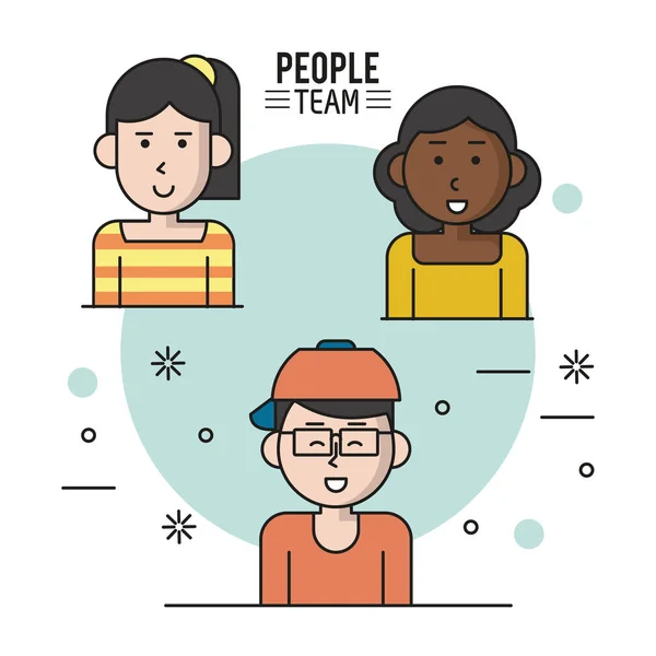 Colorful poster of people team with half body women caucasian and afro and man with glasses and cap — Stock Vector