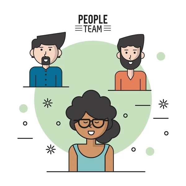 Colorful poster of people team with half body and her afro with collected curly hair and glasses and caucasian men with beard — Stock Vector