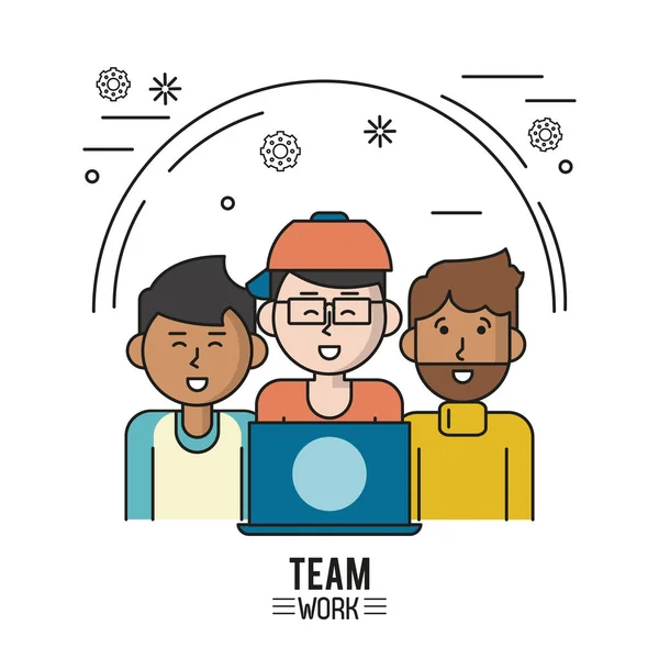 Colorful poster of team work with half body men and the first with dark skin and the second with laptop and glasses and cap and the third with beard — Stock Vector