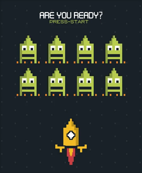 Färgglad affisch av är du redo tryck start med grafik av rumsliga spel med gula raket — Stock vektor