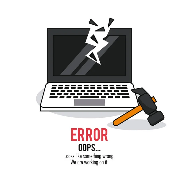 Bílé pozadí plakátu s monochromatických laptop s rozbité obrazovky a kladivo chybou Jejda — Stockový vektor