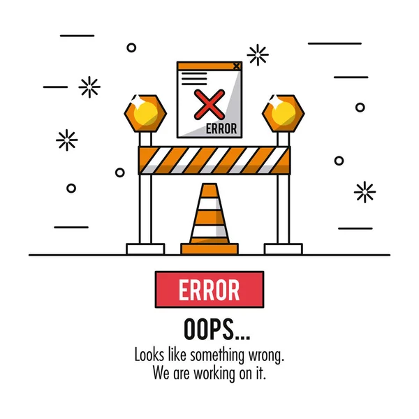 Blanco fondo póster error oops con naranja triángulo de tráfico señal de tráfico y mensaje de ventana de error — Archivo Imágenes Vectoriales