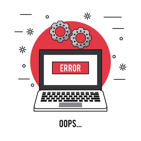 Sfondo bianco con computer portatile su cerchio rosso con testo di errore oops e pignoni sulla parte superiore — Vettoriale Stock