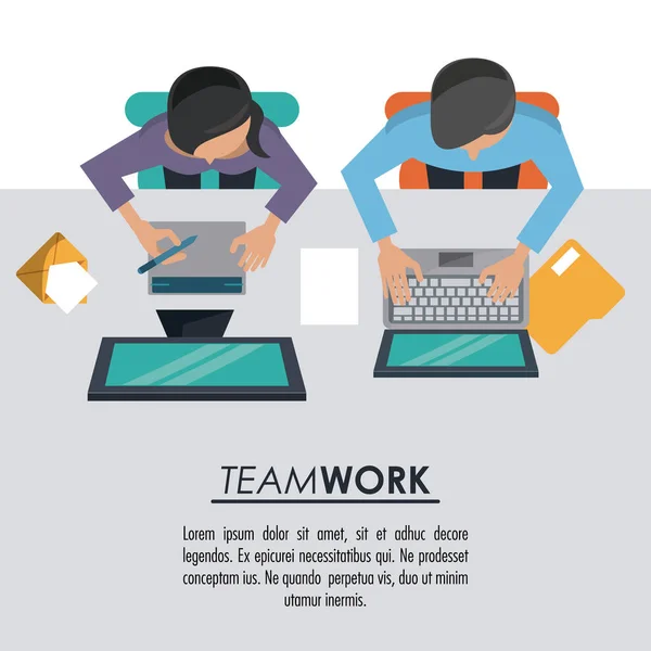 Latar belakang penuh warna pada tampilan atas poster kerja sama tim antara pria dan wanita baik dengan komputer - Stok Vektor