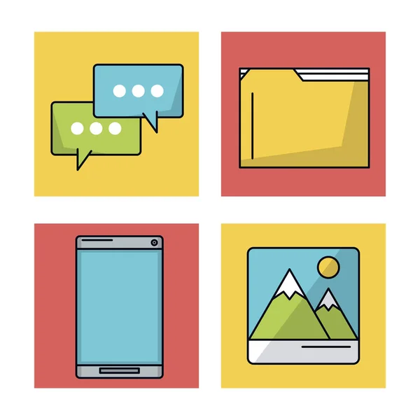 Fondo blanco con cuadrados coloridos con iconos de la aplicación móvil como mensaje de voz y carpeta y teléfono inteligente e imagen — Vector de stock