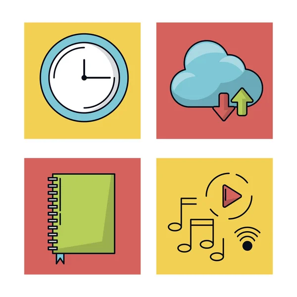 Fondo blanco con coloridas plazas con iconos de la aplicación móvil como el reloj y el servicio en la nube y la agenda y la música — Vector de stock