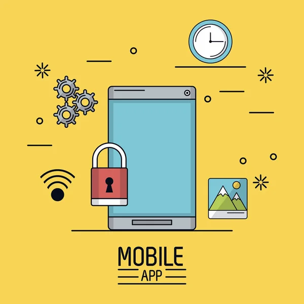 Cartel de fondo amarillo de la aplicación móvil con el teléfono inteligente y los iconos comunes alrededor — Vector de stock