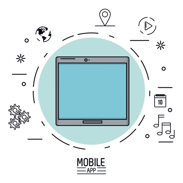Póster de fondo blanco de la aplicación móvil con el dispositivo de tableta en círculo azul y los iconos comunes alrededor — Vector de stock