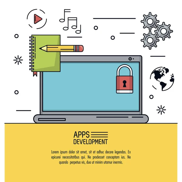 Witte achtergrond poster van apps ontwikkeling met laptop en de pictogrammen apps rond — Stockvector