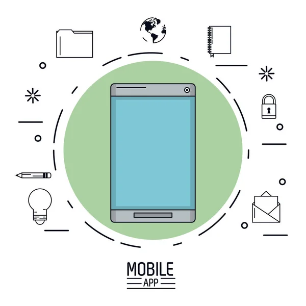 Póster de fondo blanco de la aplicación móvil con teléfono inteligente en círculo verde e iconos comunes alrededor — Vector de stock