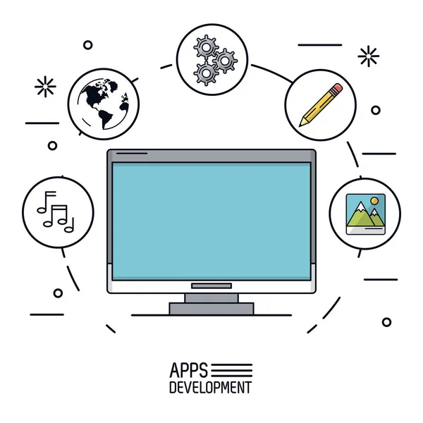 Cartaz de fundo branco de desenvolvimento de aplicativos com computador desktop e ícones app de mais uso formando um círculo —  Vetores de Stock