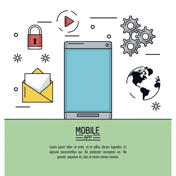 Witte achtergrond poster van mobiele app met smartphoneapparaat en algemene pictogrammen rond — Stockvector