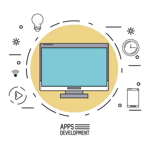 Cartaz de fundo branco de desenvolvimento de aplicativos com computador desktop em círculo bege e ícones comuns ao redor —  Vetores de Stock