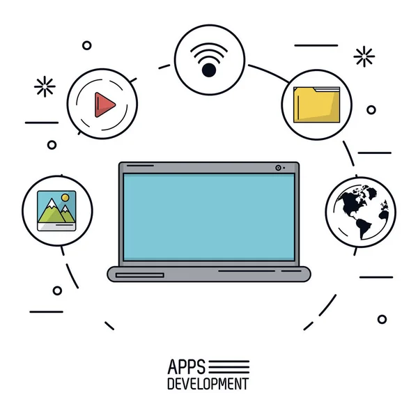 Cartaz de fundo branco de desenvolvimento de aplicativos com laptop e ícones aplicativo de mais uso formando um círculo —  Vetores de Stock