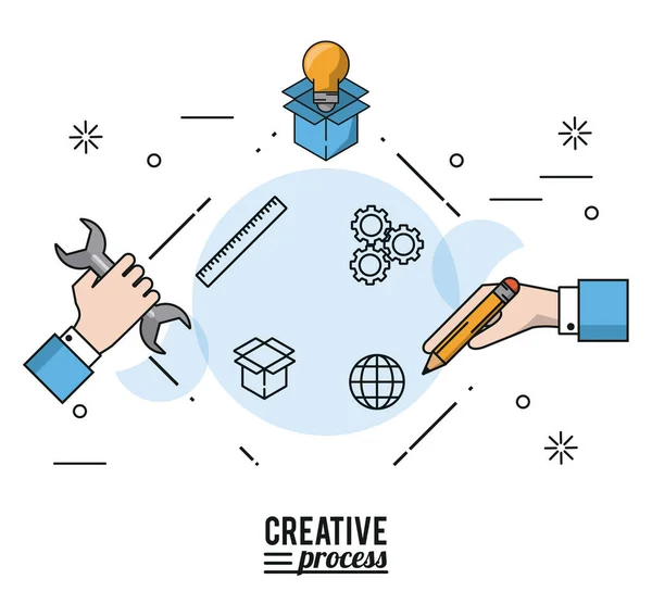 Proceso creativo cartel colorido con siluetas de manos con llave inglesa y pencial y bombilla en caja de cartón — Vector de stock