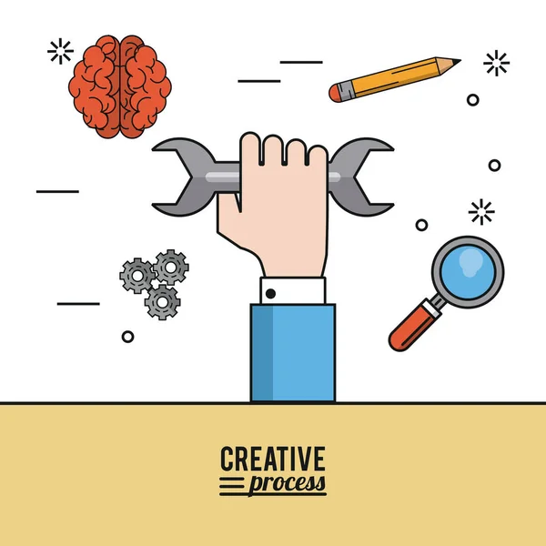 Colorido proceso creativo cartel de la mano con llave inglesa e iconos como lápiz y cerebro y piñones y lupa — Vector de stock