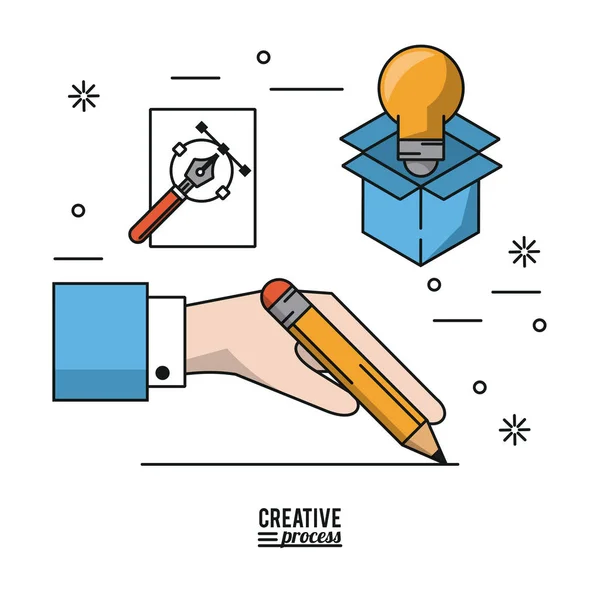 Colorful poster creative process of hand with pencil making line and icons of light bulb in cardboard box and fountain pen — Stock Vector