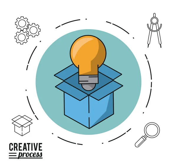 Барвистий плакат творчий процес кола з картонною коробкою і лампочкою — стоковий вектор