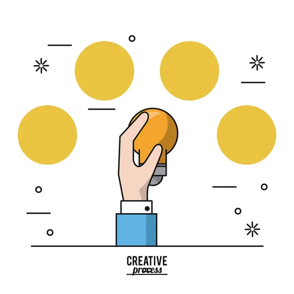 Colorful poster creative process of hand with light bulb and yellow circles on top — Stock Vector