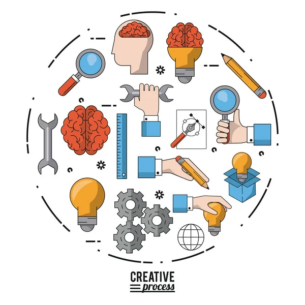 Proceso creativo cartel colorido con conjunto de iconos en forma de círculo — Vector de stock