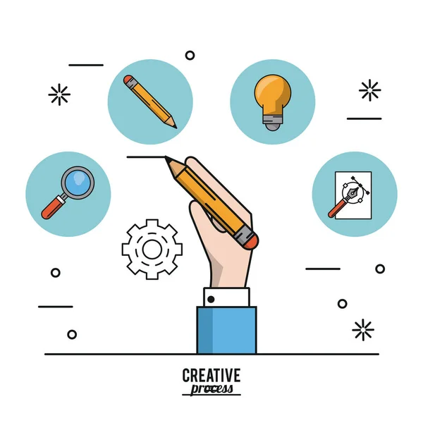 Colorido cartel proceso creativo de la mano con lápiz haciendo línea e iconos en la parte superior de la bombilla y el lápiz y lupa y pluma estilográfica — Vector de stock